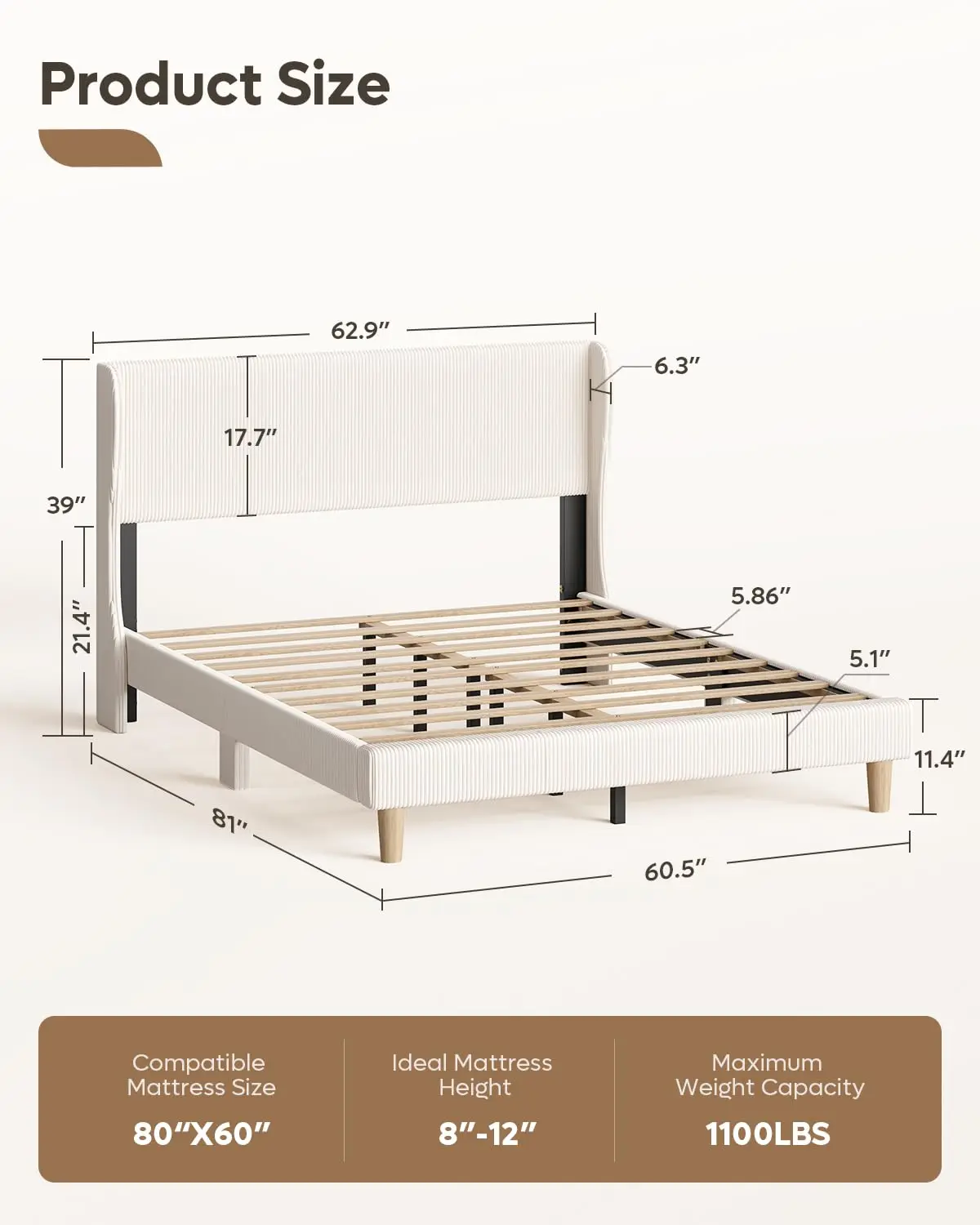 Queen Bed Frame Wingback Headboard Upholstered Beige, Customized