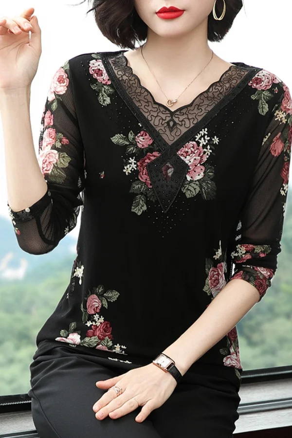 2025 Autumn New Printed Leisure Multi Functional Loose T-shirt Splicing Long Sleeved Women Top