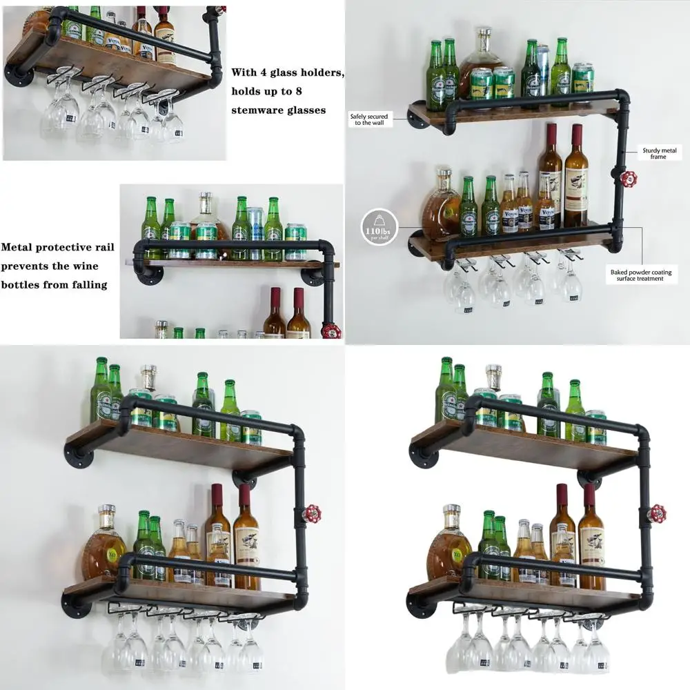 

Wall Mounted 2 Tier Wine Rack, Floating Mini Bar Liquor Shelves with Glass Holder, Black Rustic Industrial Kitchen Decor (23.6x1