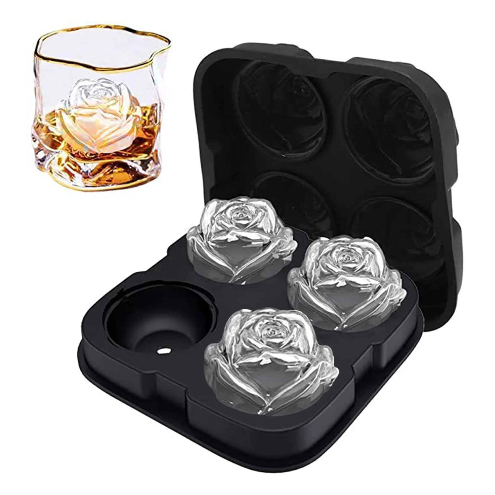 4 Cells Ice Cube Tray Rose Shape Large Ice Ball Maker Anti-leakage & Easy Release For Craft Cocktails Chilled Cold Brew Coffee