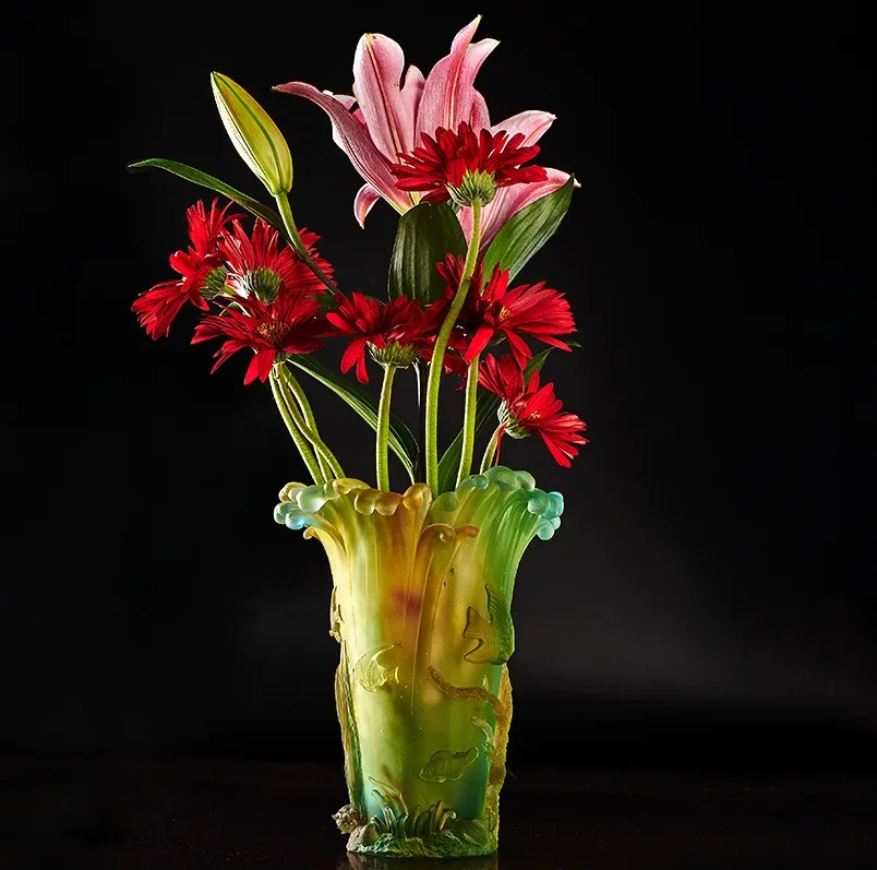 Ancient crystal vase ornament wave, vintage vase living room sample room household flower stand