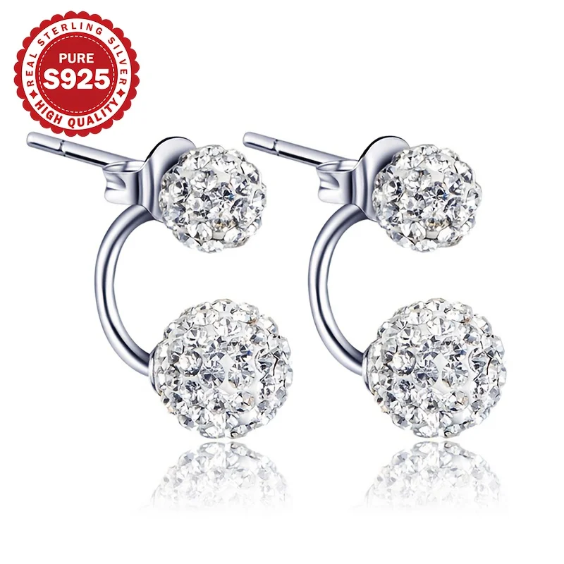 S925 Sterling Silver Ladies Earrings Shamballa Spiral Studs with Shiny Double Ball Pendants for Party And Wedding Allergy Free view 3