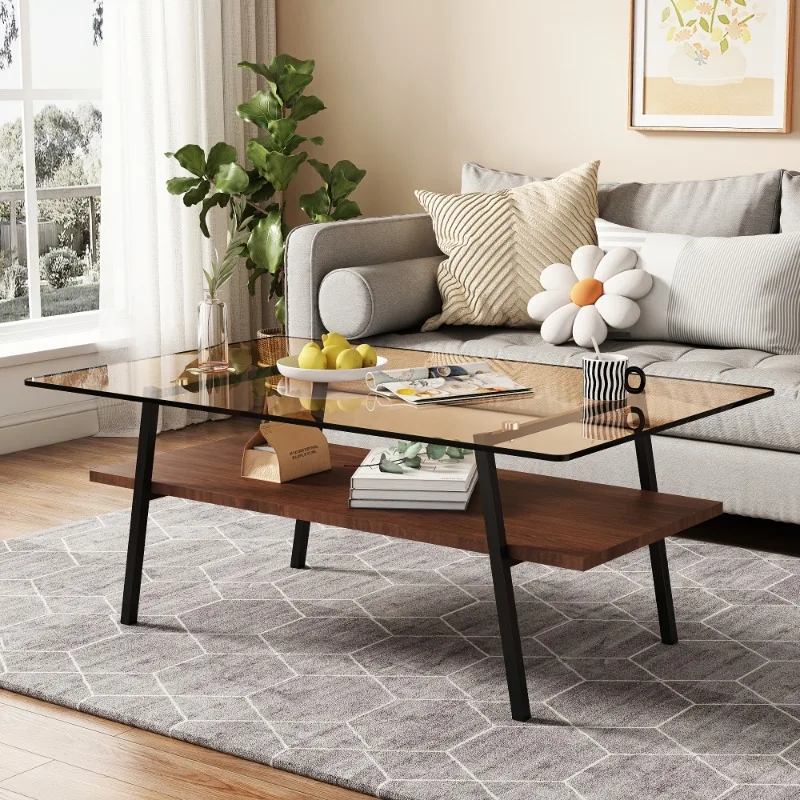 Modern glass coffee table, rectangular tempered glass table in living room, 2-story central table with metal frame,