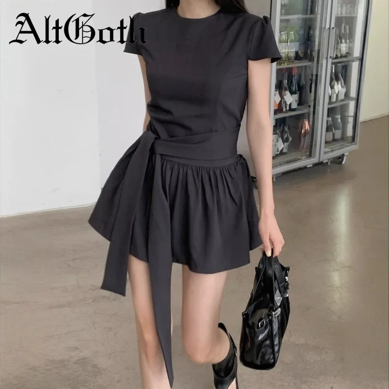 

AltGoth Fairycore Grunge A-line Dress Women Aesthetic Casual Y2k E-girl O-neck Short Sleeve High Waist Dress for Office Lady