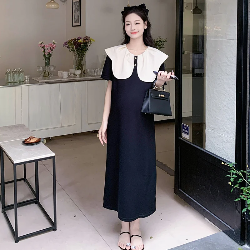 

2024 Summer Loose Pregnant Woman Dress Block Color Large Peter Pan Collar Short Sleeve Maternity Preppy Style A-Line Dress Black