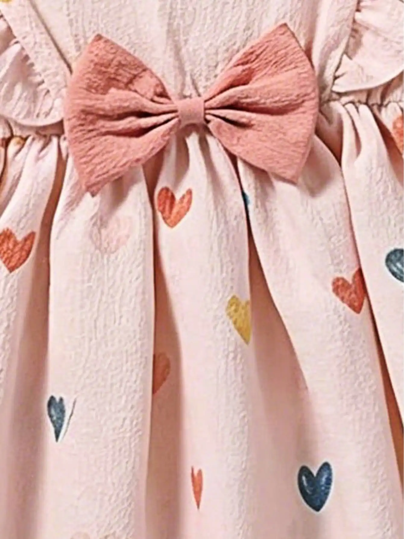 Kinderkleid mit Rüschen, Rundhalsausschnitt, Ärmellos, Herz-Print und Schmetterlingsschleife, Langes, Lockeres Kleid für Mädchen – Detail 6