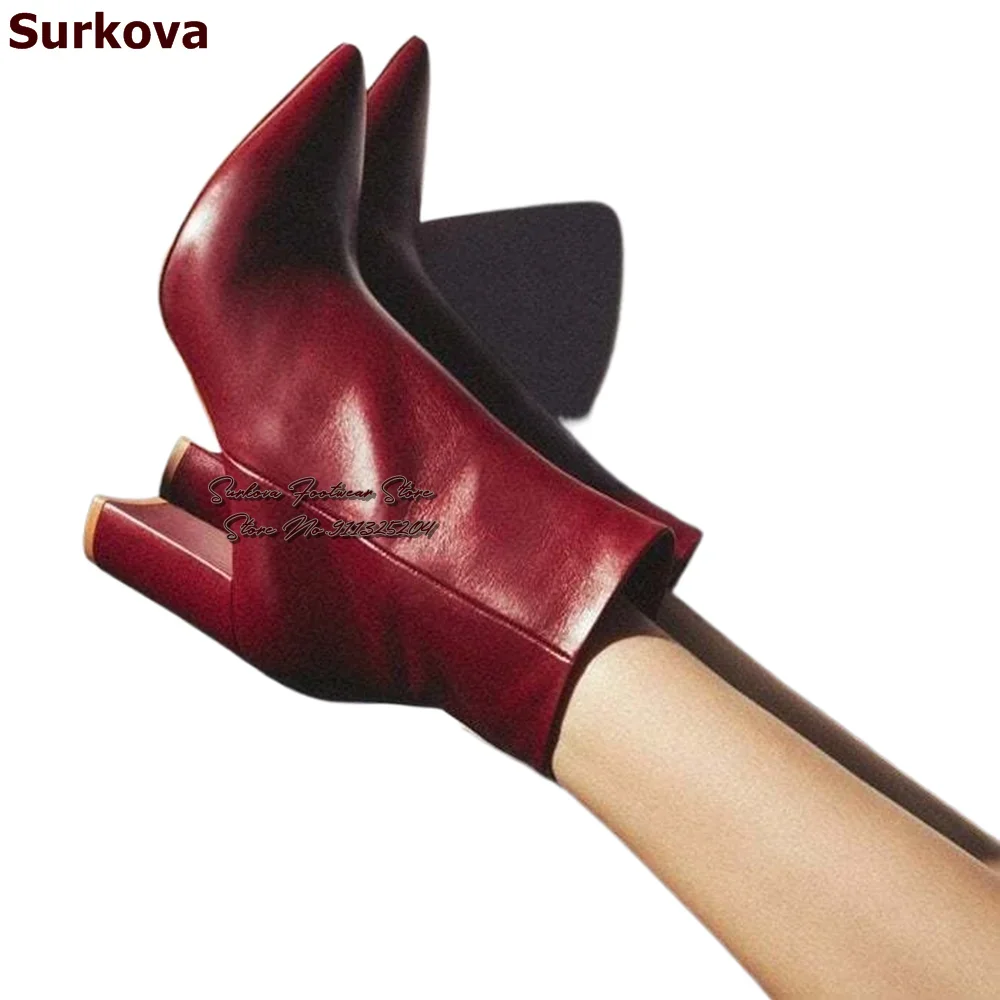 Surkova Stivaletti con tacco quadrato in pelle opaca rosso vino Borgogna Tacchi grossi Punta a punta Stivaletti autunno inverno Taglia46 Décolleté