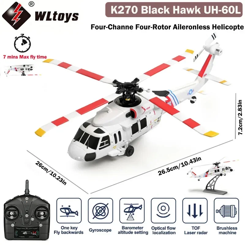 WLtoys 4CH RC Helicopter K270 UH-60L 6 Axes Aileron-free Design Fighter Jet Brushless Motor Hold Optical Flow One Key Plane Toy