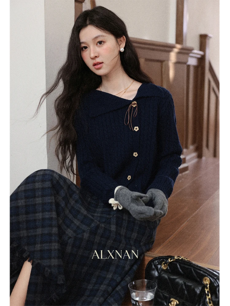 

Комплект Anonymously Cosed: темно-синяя юбка с высокой талией и свитер с длинными рукавами для женщин, модный повседневный наряд для ранней осени