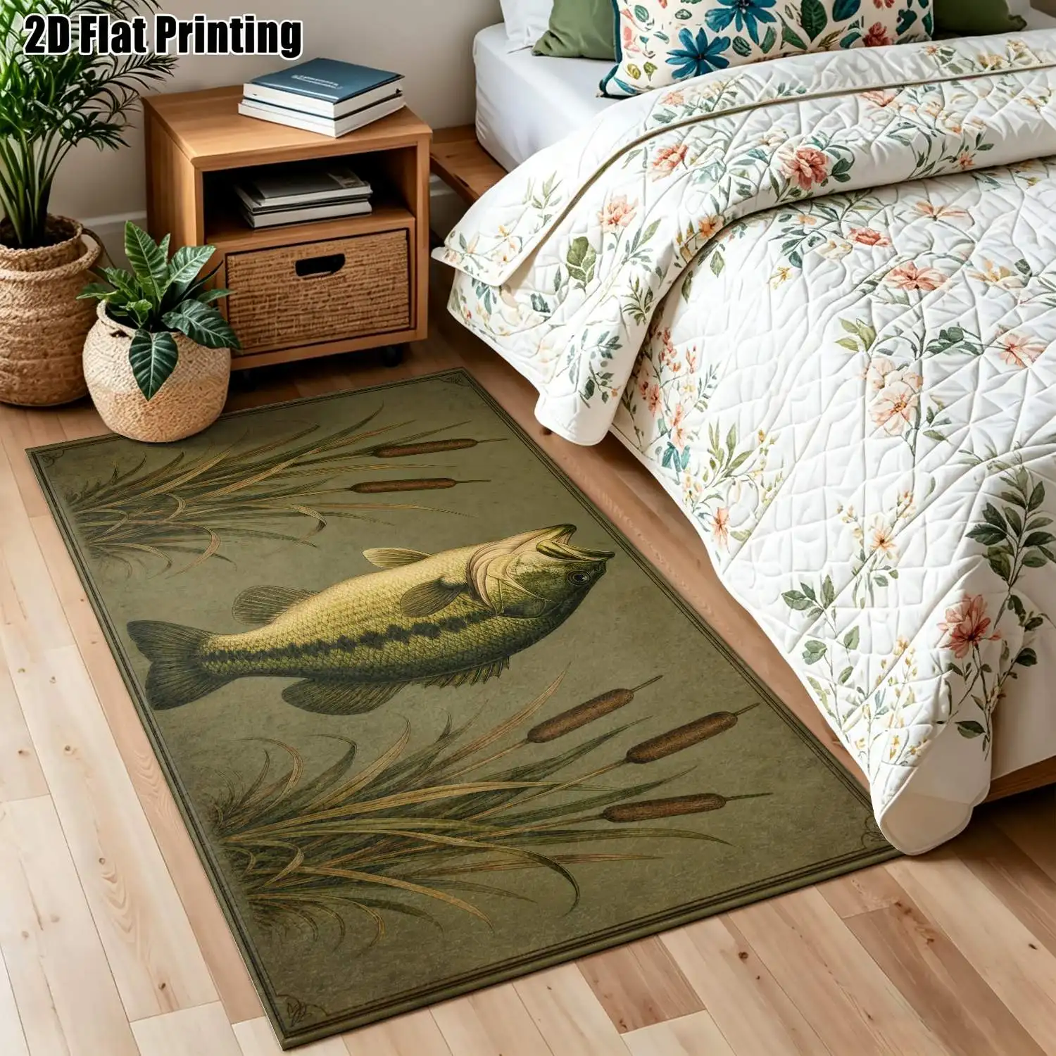 1Pc 2D Printed Retro Green Fish Pattern Carpet, European-Style Retro Floor Mat, Geometric Striped & Floral Home Decor Rug, Multi-Size, Machine Washable, Suitable for Entrance, Dining Room, Foyer, Living Room & Bedroom