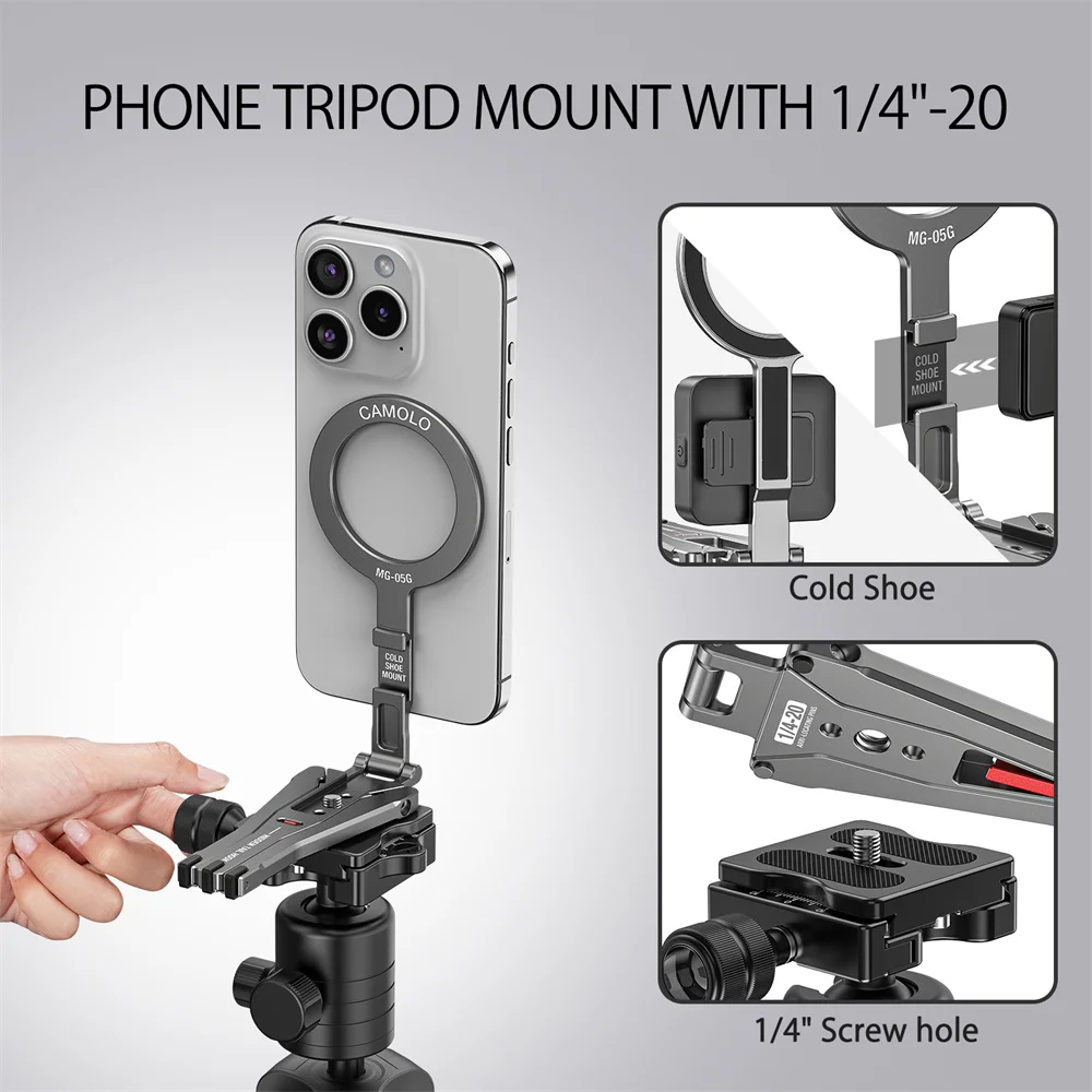 CAMOLO Magnetic Tripod w Fence-Mounted Cold Shoe Phone holder Desk Stand for Magsafe iPhone 16 15 14 13 12 Pro/Pro Max Android