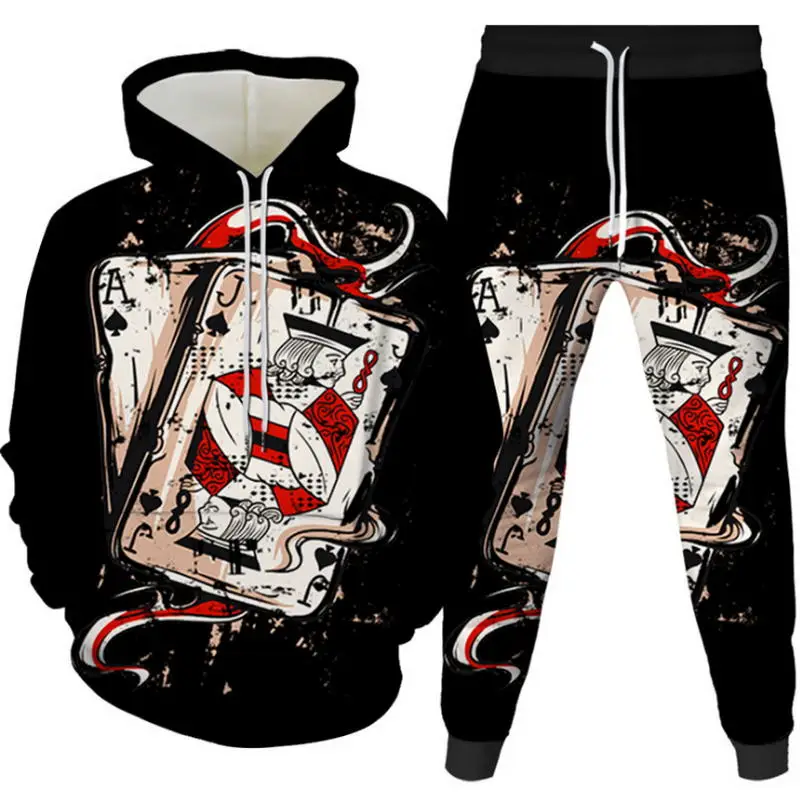 Novo conjunto de hoodie masculino poker & dinheiro imprimir agasalho moda outfit casual elegante manga longa terno confortável roupas com chapéu