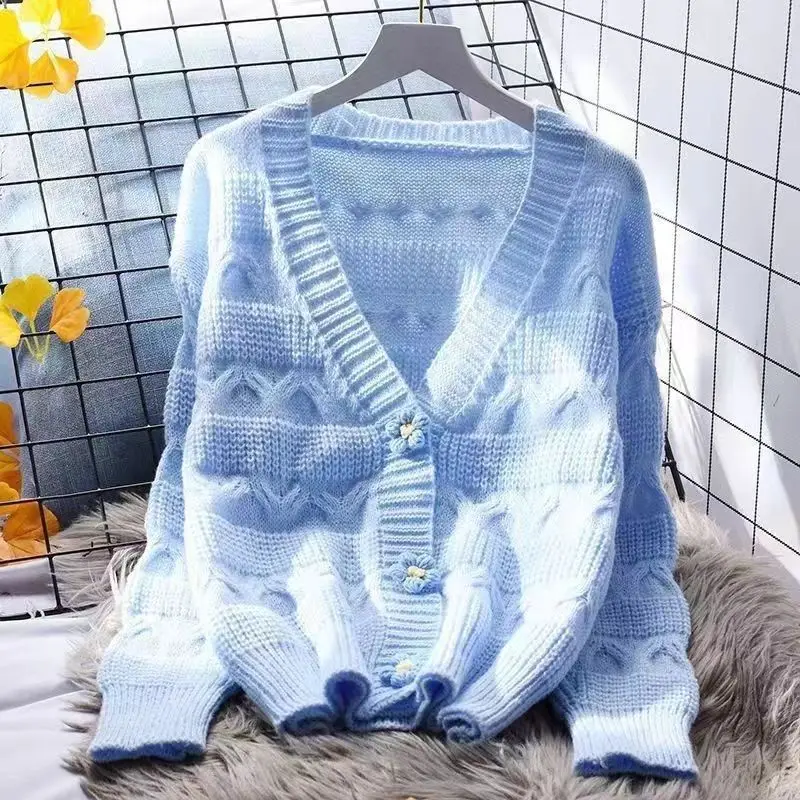 Sweet V-neck Knitting Cardigan Women Autumn Winter Loose Solid Color Long Sleeve Knitwear Tops All-match Trend Knitting Sweater