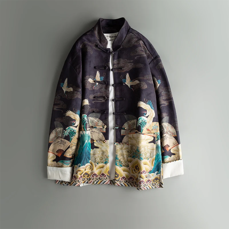 

Men's Autumn Faion Deer Skin Velvet Jaet Casual Collar Button up Chinese Sle Print Outerwear Long Sve Windproof