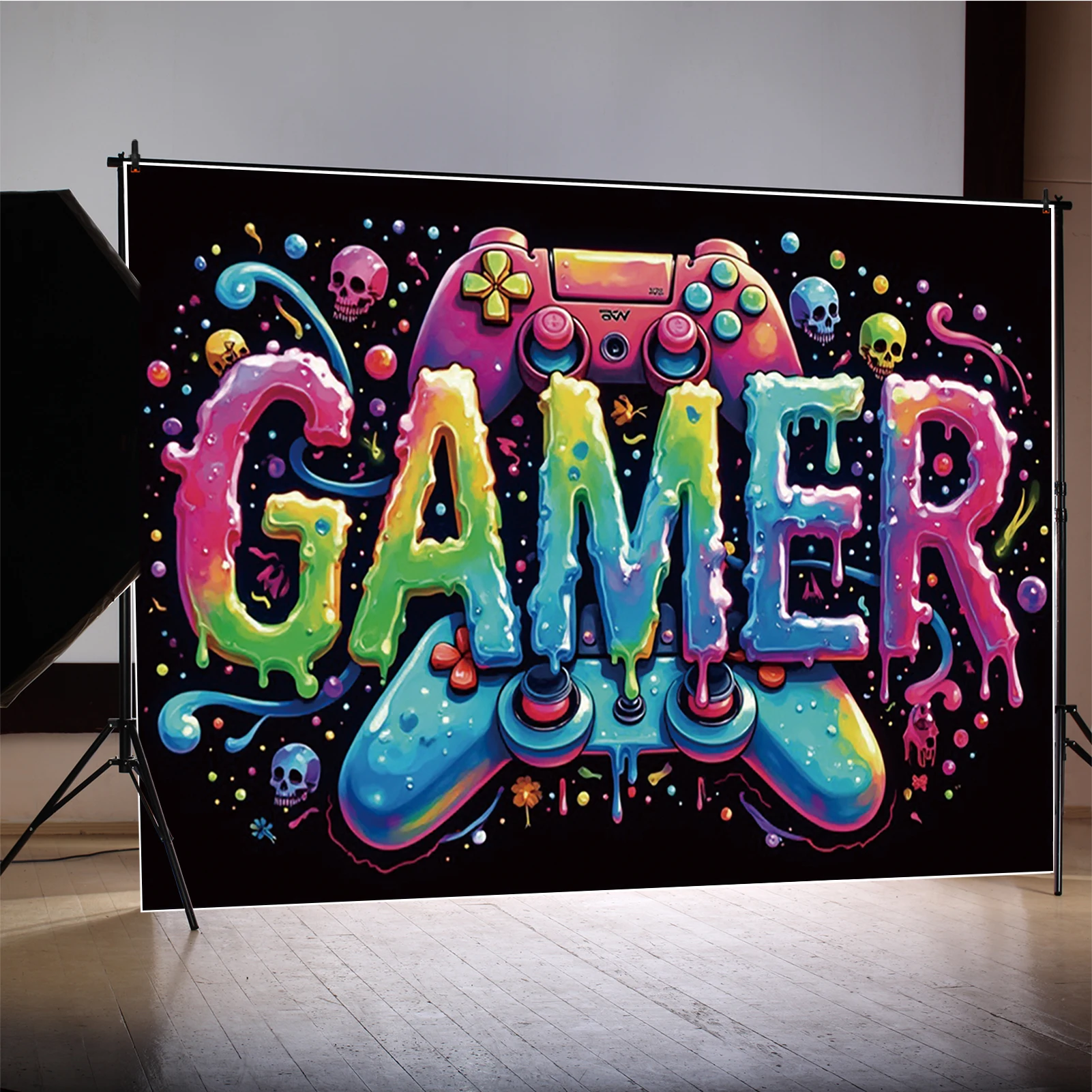 MOON.QG Boy Happy Birthday Photography Backdrop Black Wall Game Machine Colorgul Banner Background Children Studio Photobooth