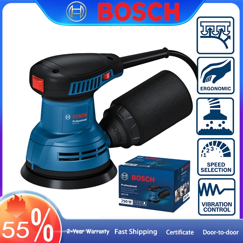 

290W Electric Eccentric Sander BOSCH GEX 125mm Sanding Machine 6 Gears Variable Speed Motor Multipurpose Car Waxing Polisher