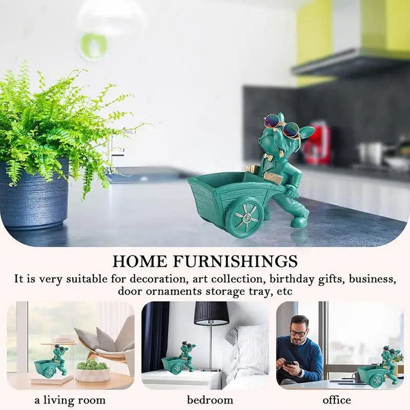 Tigela de chave fofa, decoração de entrada de resina, recipiente de artigos diversos, adorável, criativo, cachorro puxando um carrinho, design, estátua, decoração de armazenamento para