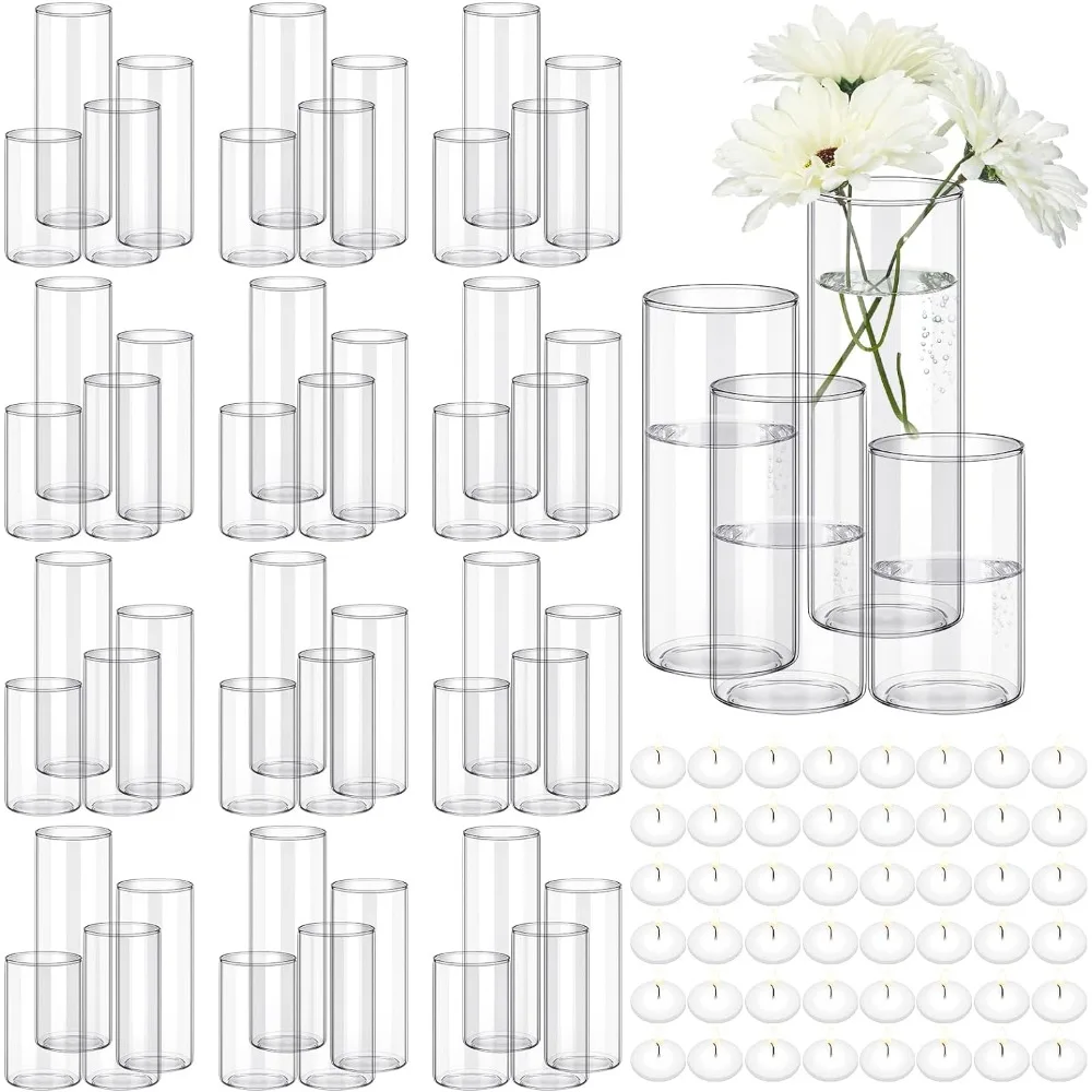 48 PCs 4 Sizes(4/5/6/7 Inch Tall) Glass Cylinder Vase with 96 PCs Floating Candles for Wedding Party Event Home Decor Clear Vase