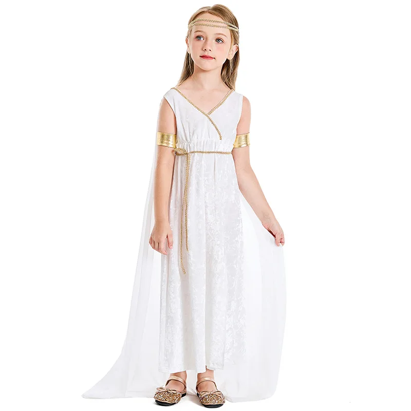 Halloween Greek Goddess Queen Cosplay Costume For Adult Kids Women Sexy v-neck Dress Cape Headwear Suit Carnival Party Costumes