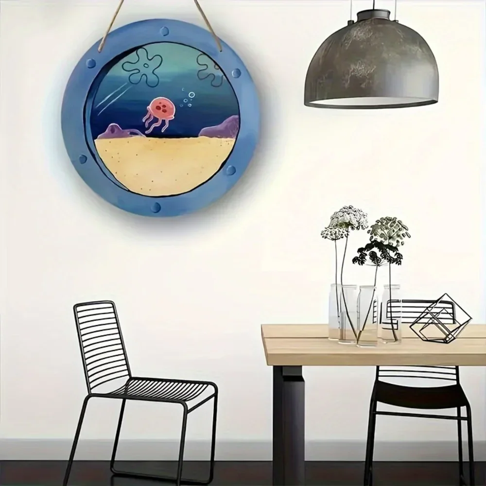 Nautical Ship Porthole Wooden Hanging Sign Underwater Jellyfish Pattern Wall Decor Vintage Ocean Style Wood Plaque Wall Art Gift For Home Bedroom Bathroom Seaside Themed Decor