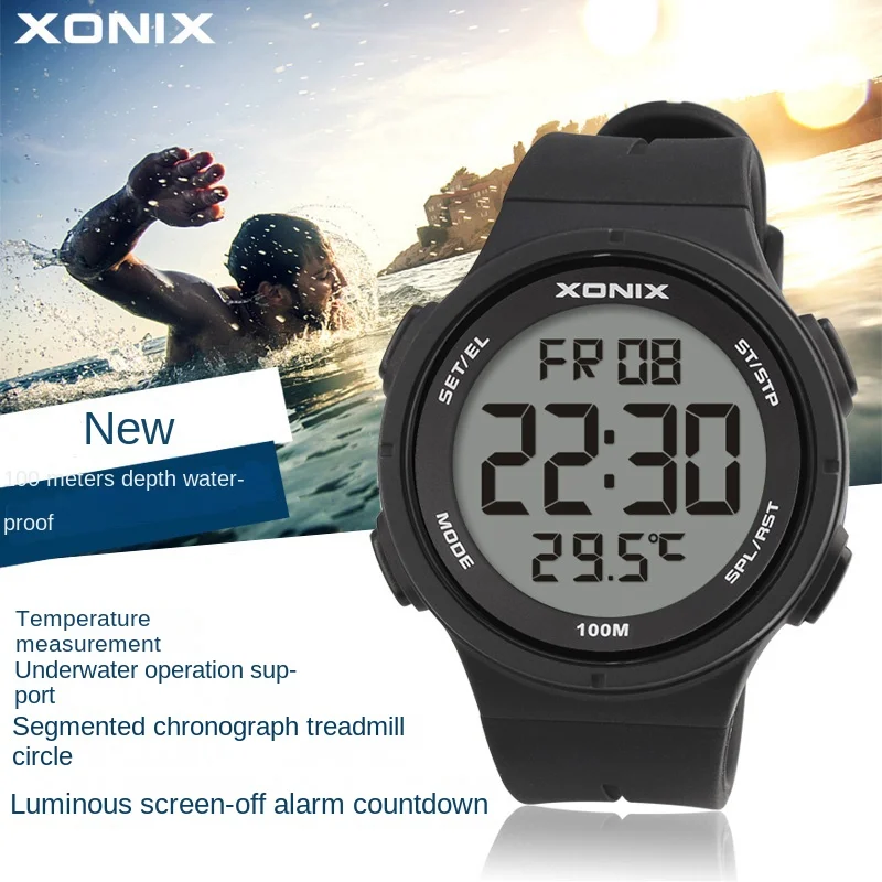 XONIX Temperature Measurement Multifunctional Running Circle Electronic Watch Waterproof Diving Swimming Student Watch TEM2