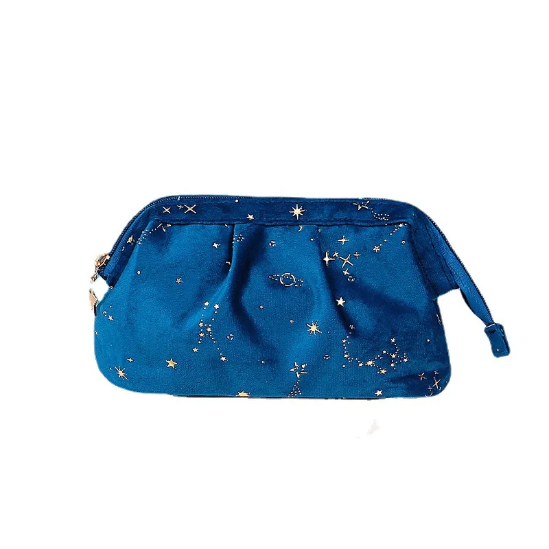 Hot Gold Star Moon Flannel Cosmetic Bags Portable Large Capacity Velvet Make Up Storage New Fashion Wet Dry Separation Wash Bag