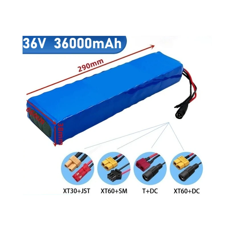 XT60/T Plug/JST 36V 36000mAh 10S3P 18650 Lithium‑ion Rechargeable Battery Pack For E‑bike Built‑in BMS Protection Board