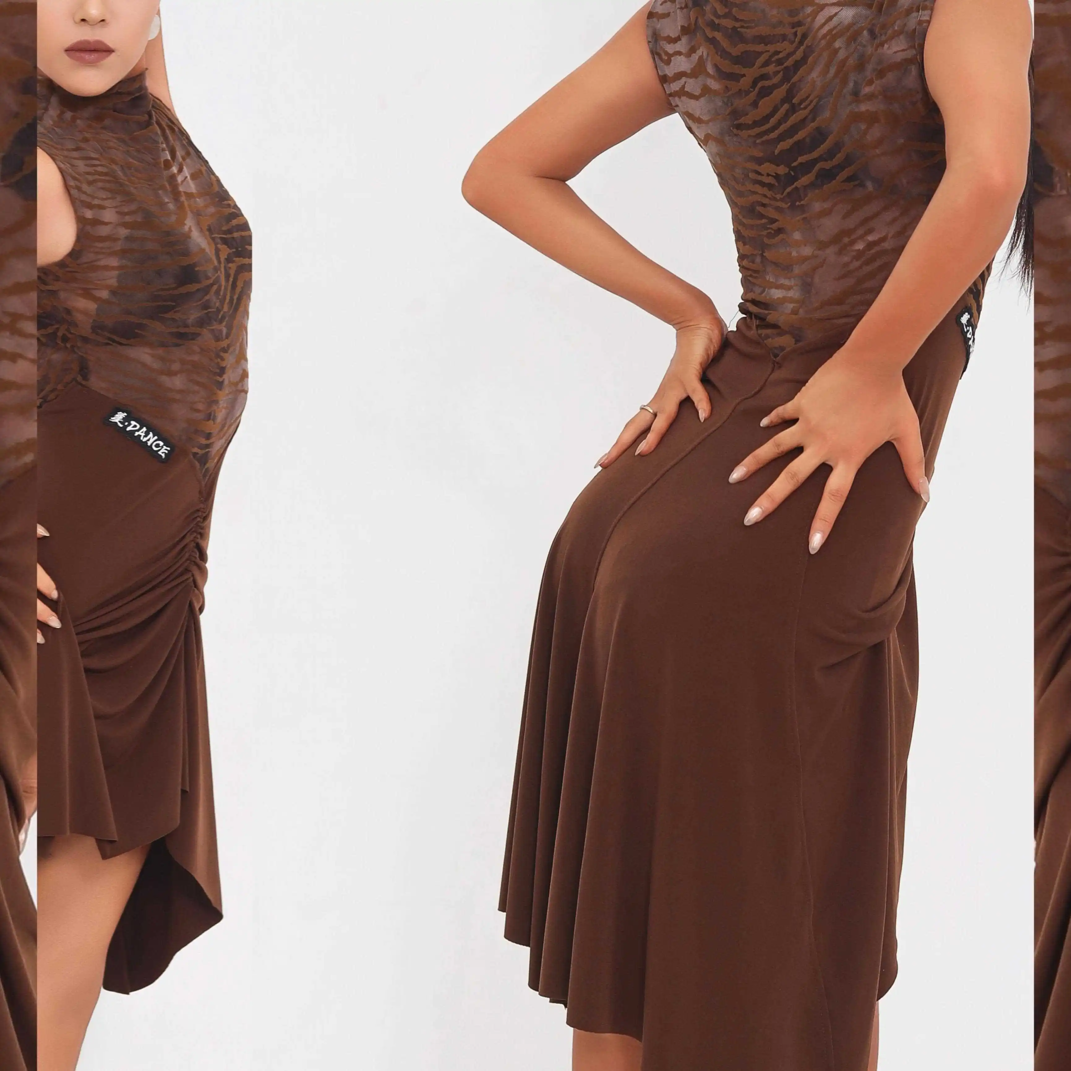 Nouvelle robe de danse latine femmes sans manches tigre imprimé robe Sexy Rumba Tango danse pratique vêtements robe de compétition DNV24943