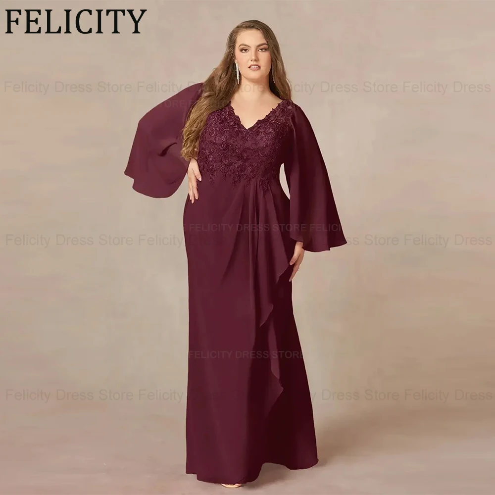

Elegant Plus Size Mother of the Bride Dresses 2025 Customized Mermaid V-neck Formal Wedding Guest Dress Chiffon Lace Appliques
