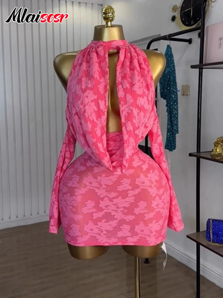 Mlaiscsr Print Hollow Out Long Sleeve Backless Bodycon Mini Dress Women Sexy Night Club Birthday Party Evening Gowns Vestidos