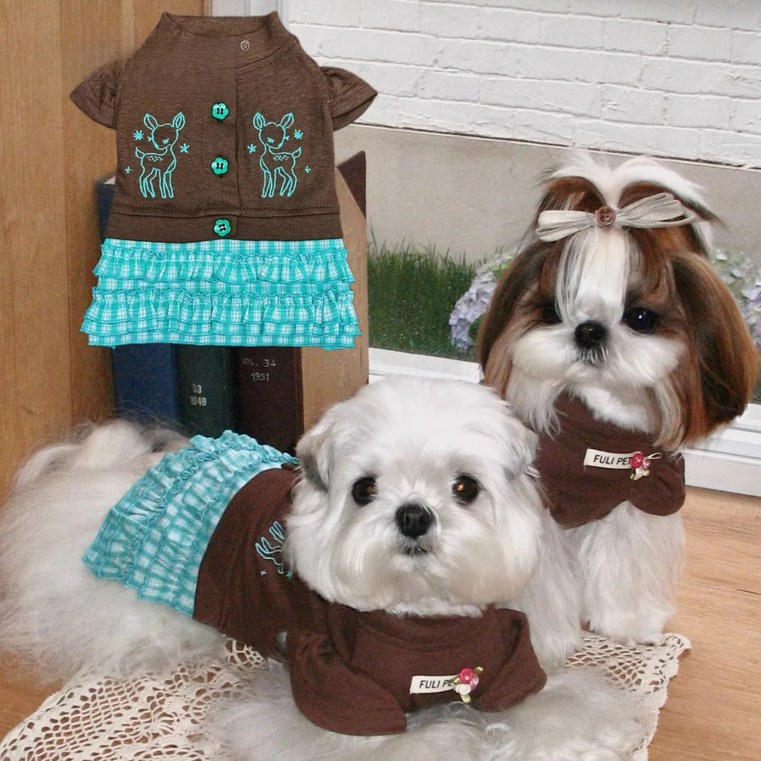 Summer Fawn Embroidery Decorative Fake Two Piece Mint Blue Cake Dress Casual Vacation Style Small Medium Pet Dog Dress