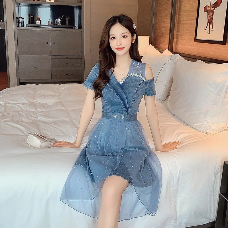 

Women's Summer 2026 Fashion Two Piece Set Mesh Patchwork Denim Dress with Sweet and Chic Style for Streetwear
