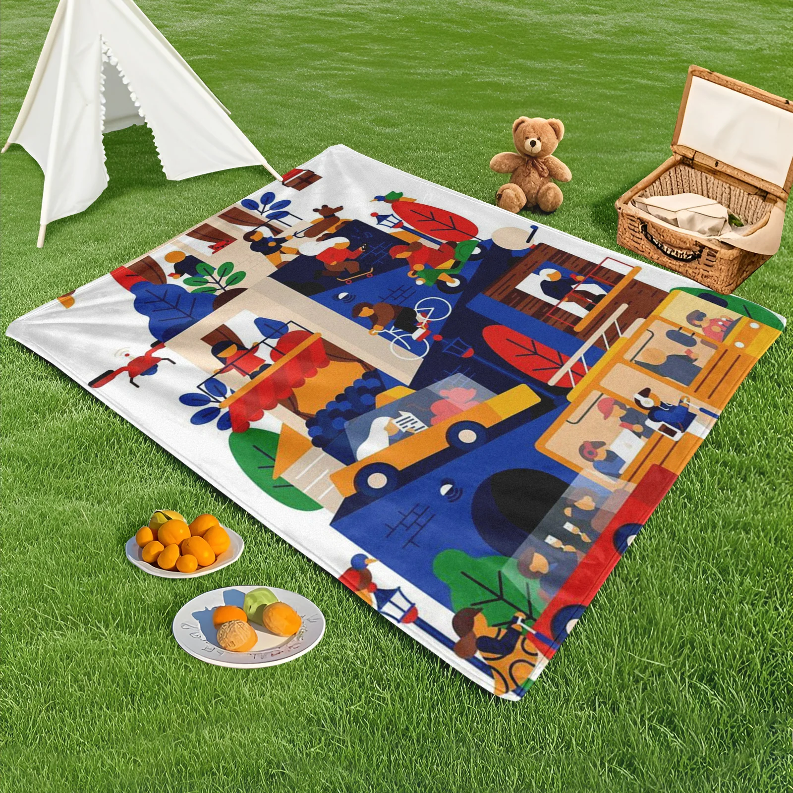 Outdoor Blanket Featuring Houses White Cars And Leaves Design For Camping And Outdoor Gatherings In Scenic Natural Settings