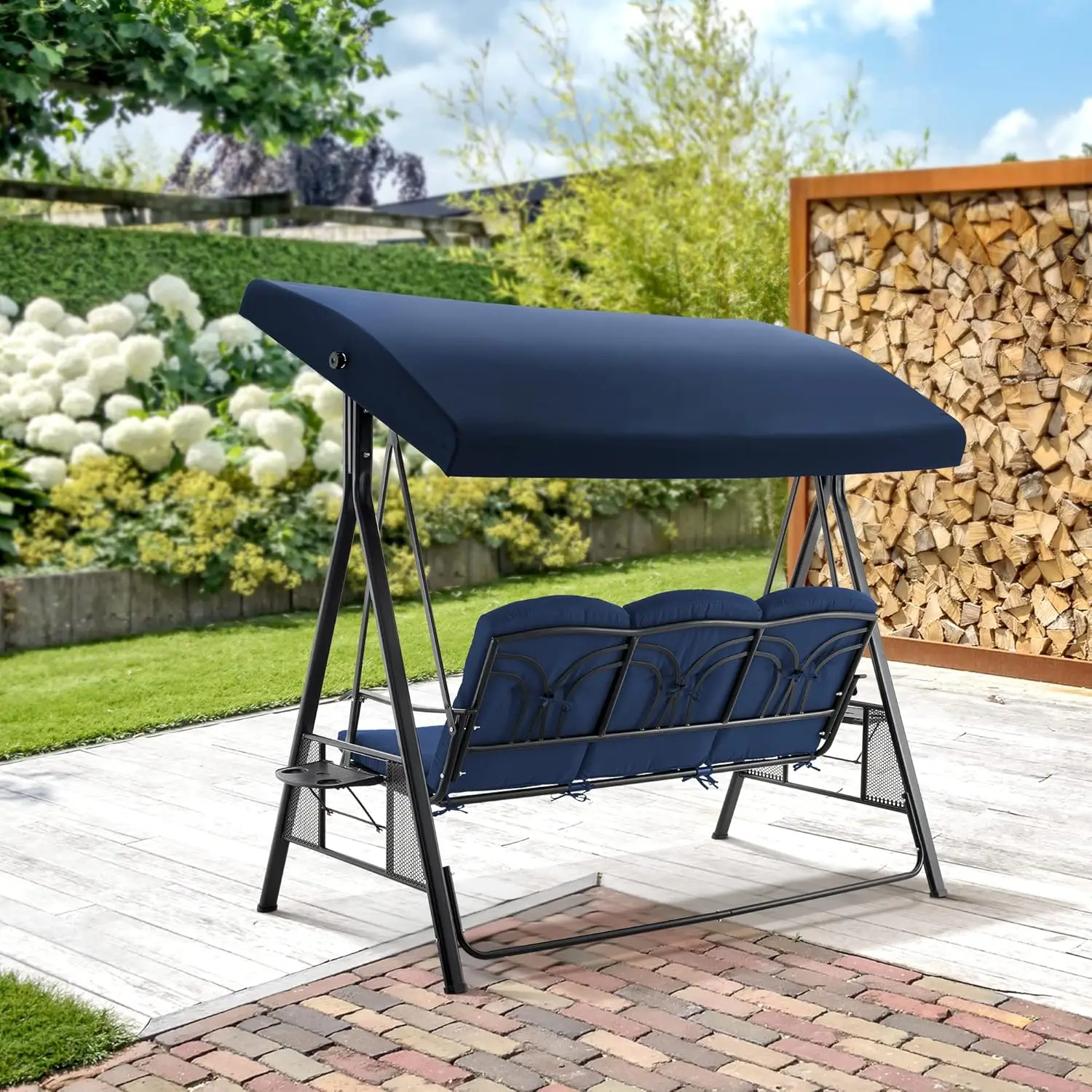 Mcombo 3 Seat Patio Swings With Canopy, Outdoor Porch Swing Chair With Stand, Adjustable Canopy Swing Sets For Backyard,