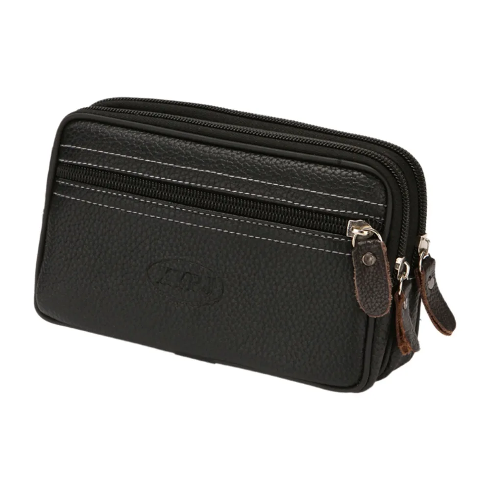 Durable PU Leather Man Belt Pouch 6.5inch Zipper Phone Waist Bag Universal Multiple Layers Belt Hanging Pouch Outdoor Camping