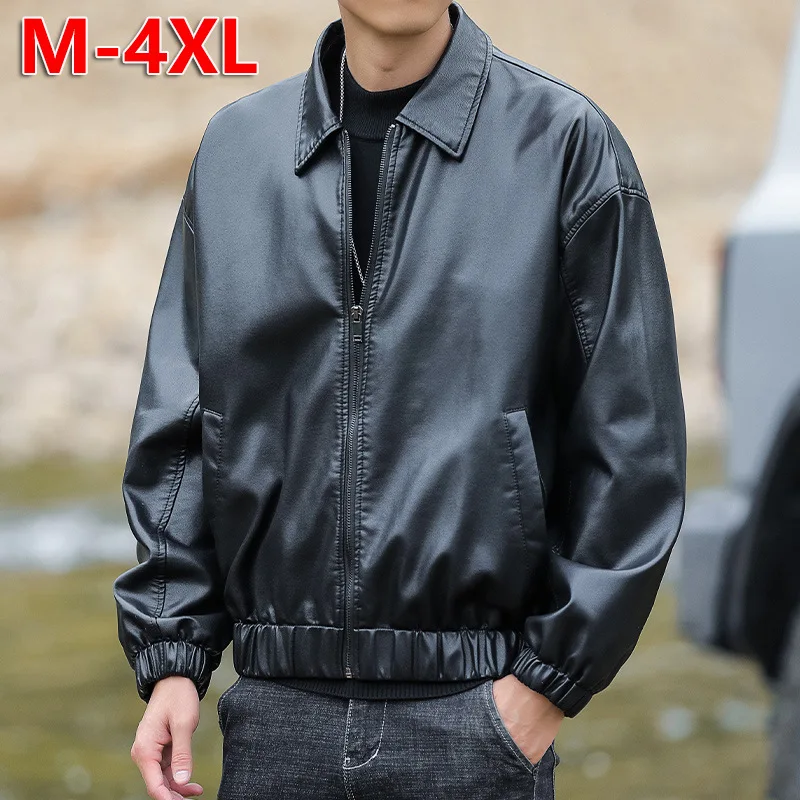 

Men High Quality PU Jacket Autumn Winter Thin Loose Fit Faux Leather Jacket Oversize Waisted Zipper Black Streetwear Coat 4xl