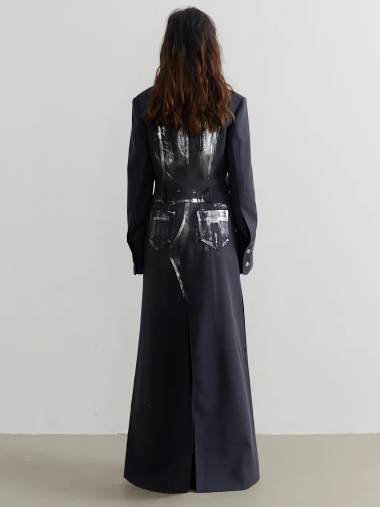 DEAT 2024 primavera 2024 nuove donne Navy spacco irregolare lungo Blazer con scollo a v manica lunga vestibilità ampia stampa giacche moda marea 1