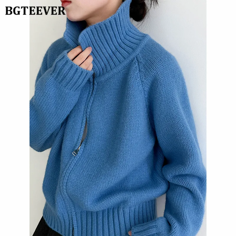 

BGTEEVER винтажный вязаный кардиган с двойной молнией для женщин, осенний свободный повседневный женский свитер, куртка