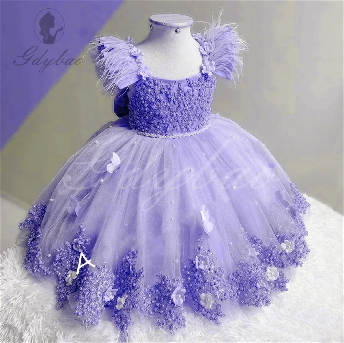 Pearl Baby Kids Tulle Birthday Party Flower Girl Feather Dresses Long Butterflies Pearl Pageant Bow Communion Gown