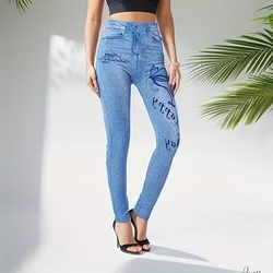 PD443 Imitation Denim Series High Elastic Pattern Sports Casual Cropped Leggings