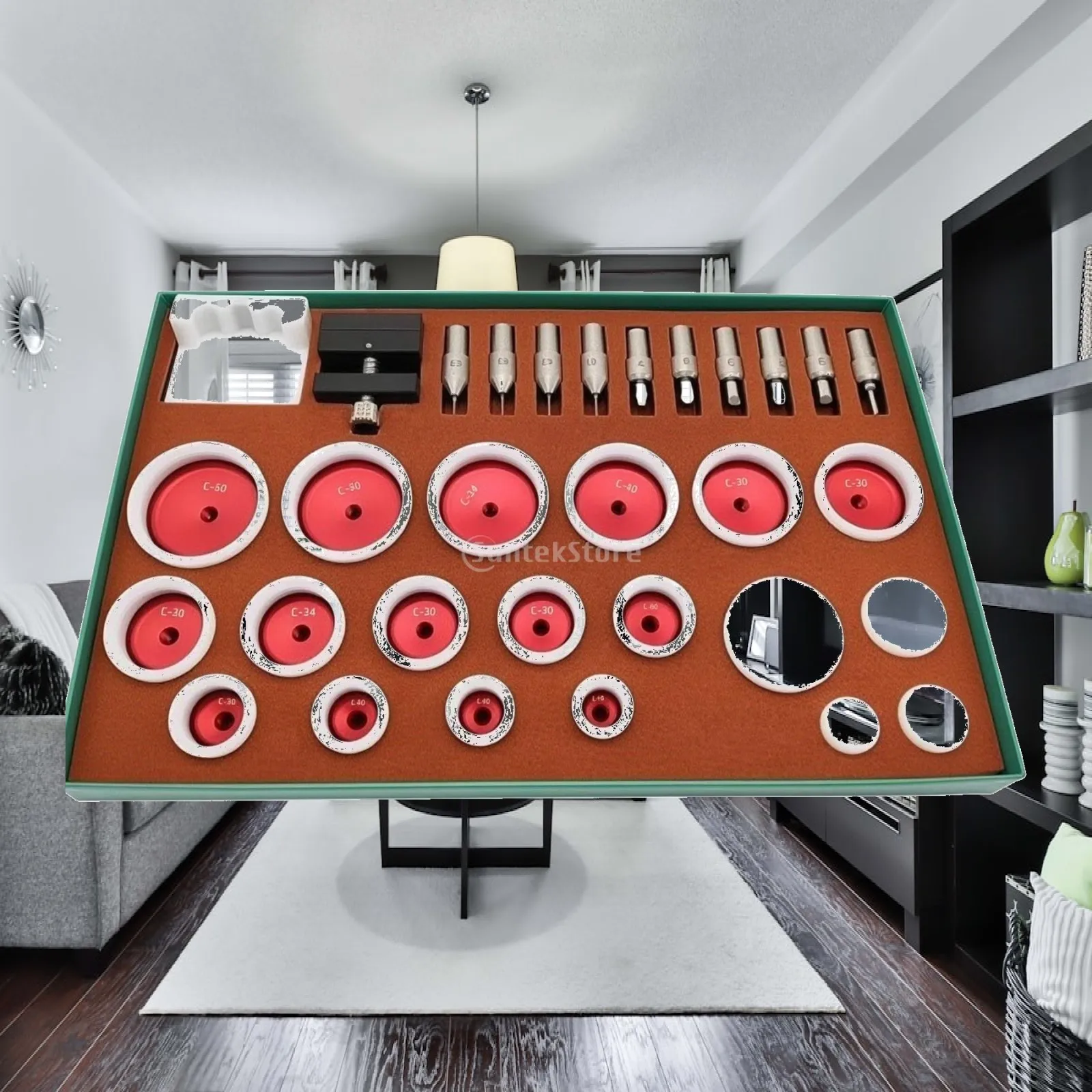 Watch Press with 31-Piece Die Set Height Adjustable for Workbenches, Watchmakers