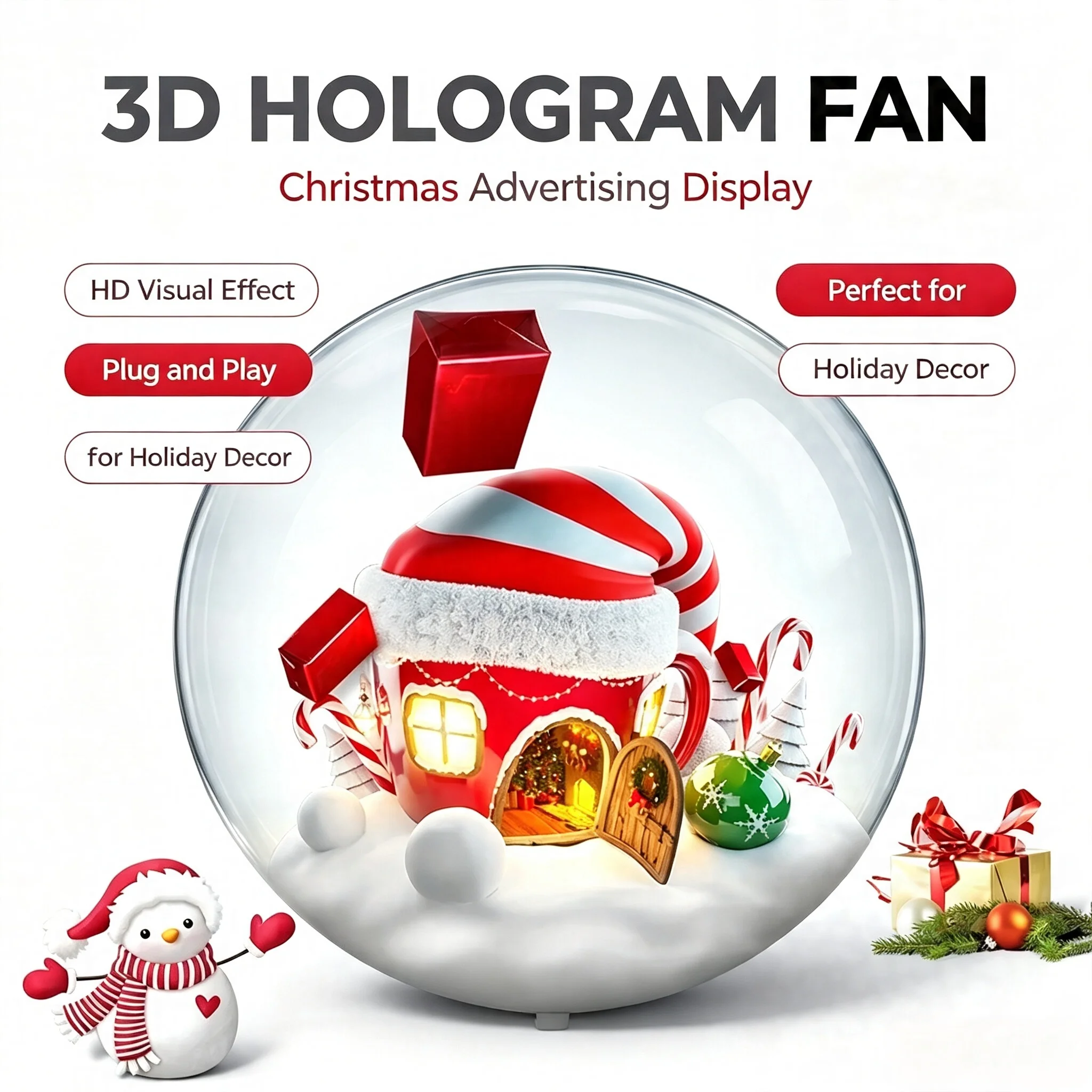 3D Holographic Fan Display Naked Eye 3D Advertising Fan Christmas Holiday Decoration LED Hologram Projector