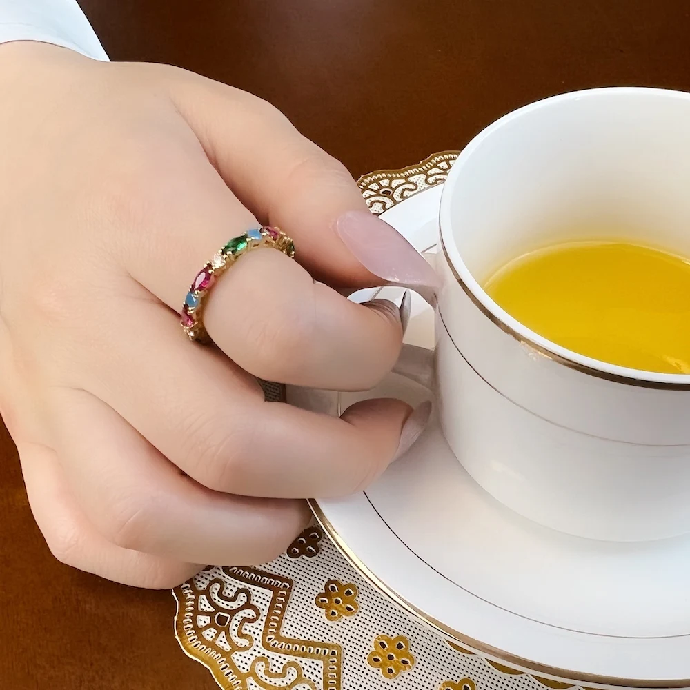 Gold Color Colorful Stones Ring Europe Style Glam Fine Jewerly For Women Gift In 925 Sterling Silver