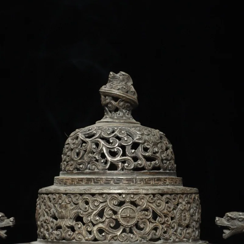 Vintage Bronze Incense Burner, Hollow Openwork Censer Elephant Tripod Feet, Chinese Antique Incense Holder Home Decor Ornament