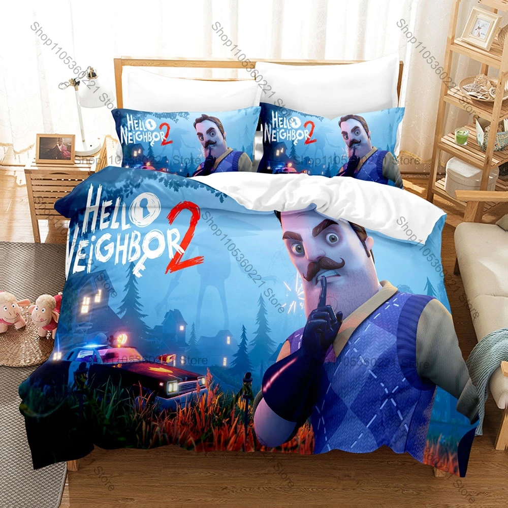 Spooky Mystery Hello Neighbor 2 Game Print Duvet Cover + 2 Pillowcases Soft Microfiber Teen Gamer Room Bedding