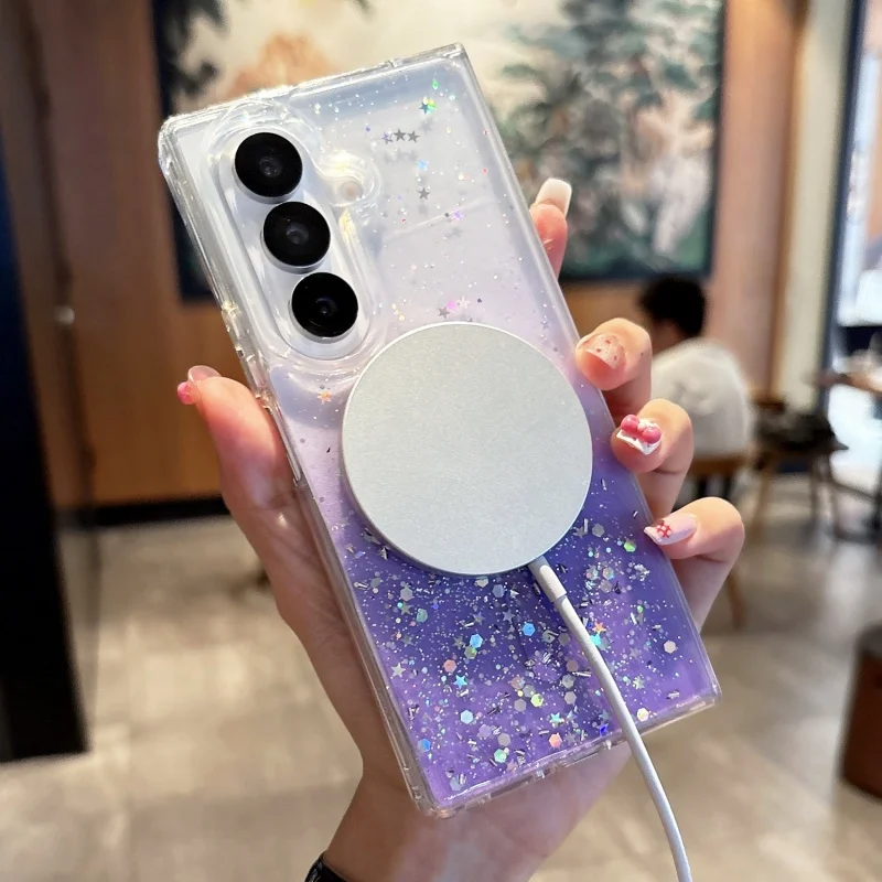 Custodia magnetica trasparente per telefono con gradiente glitter di lusso per Samsung Galaxy Z Fold 7 6 5 4 3 5G per copertura di ricarica wireless Magsafe