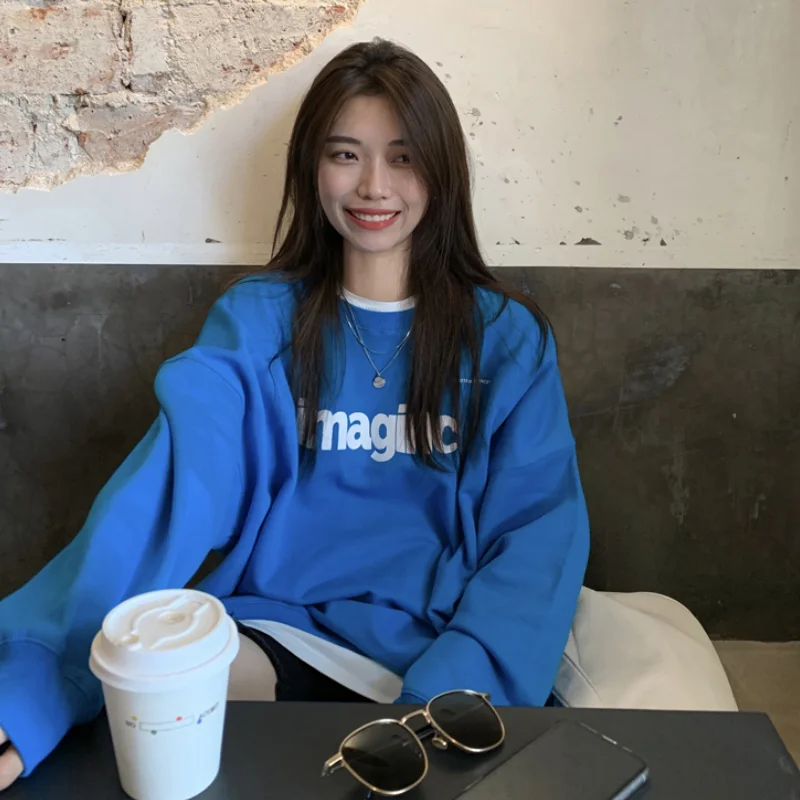 

Women Blue Sweatshirt Printing Vintage Long Sleeve Korean Fashion Baggy Casual Y2K Style Autumn 2023 NEW Female Pullover Tops