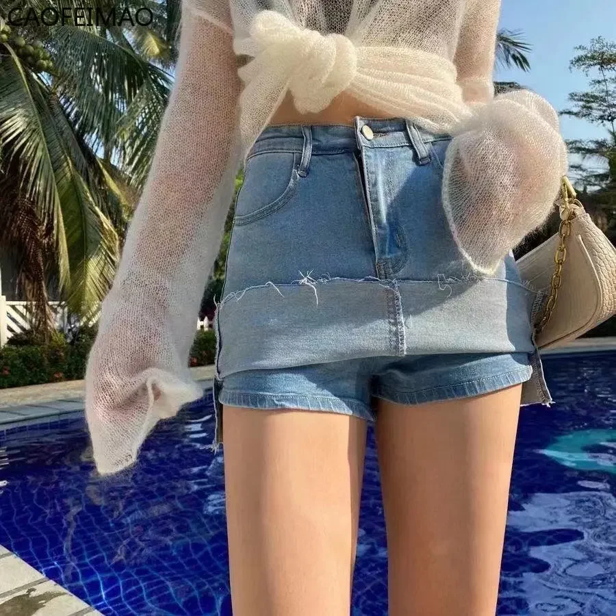 Сумк бедр Korean High Wiast Denim Mini Skirt Women Sexy Hot Girl Tight Bag Hip Skirts Female Slim Anti-Glare Short Skirts Female