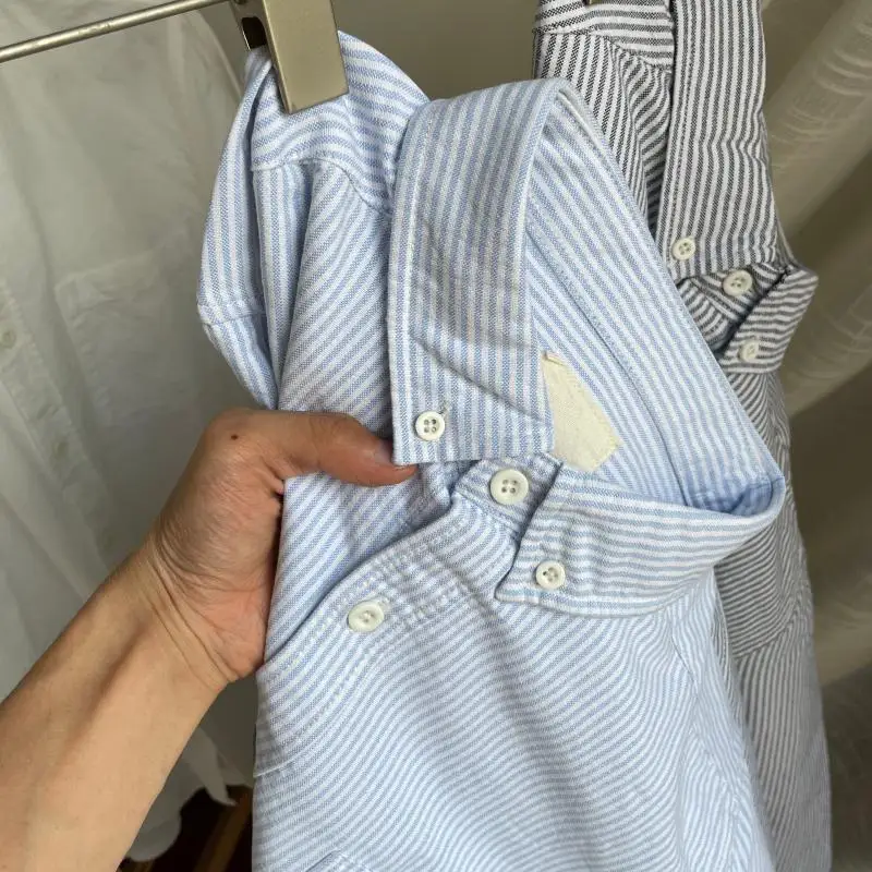 Retro Japanese Versatile Wash Striped Shirt Oxford Spinning Men and Women Casual Long-sleeved Shirt Clothes