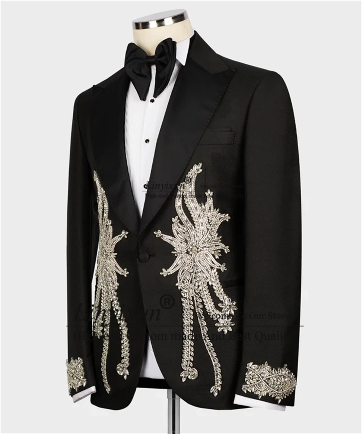 Formal Black Men Suits Appliques Crystals Groom Wedding Tuxedos 2 Pieces Sets Casual Male Prom Blazers Customized Costume Homme